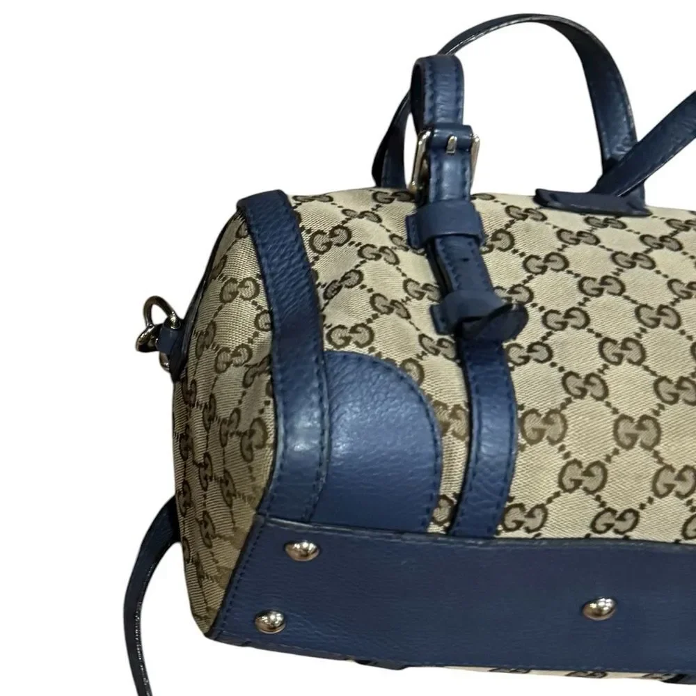 GUCCI Beige Brown GG Canvas Blue Leather Trim Small Belted 2way Boston Bag